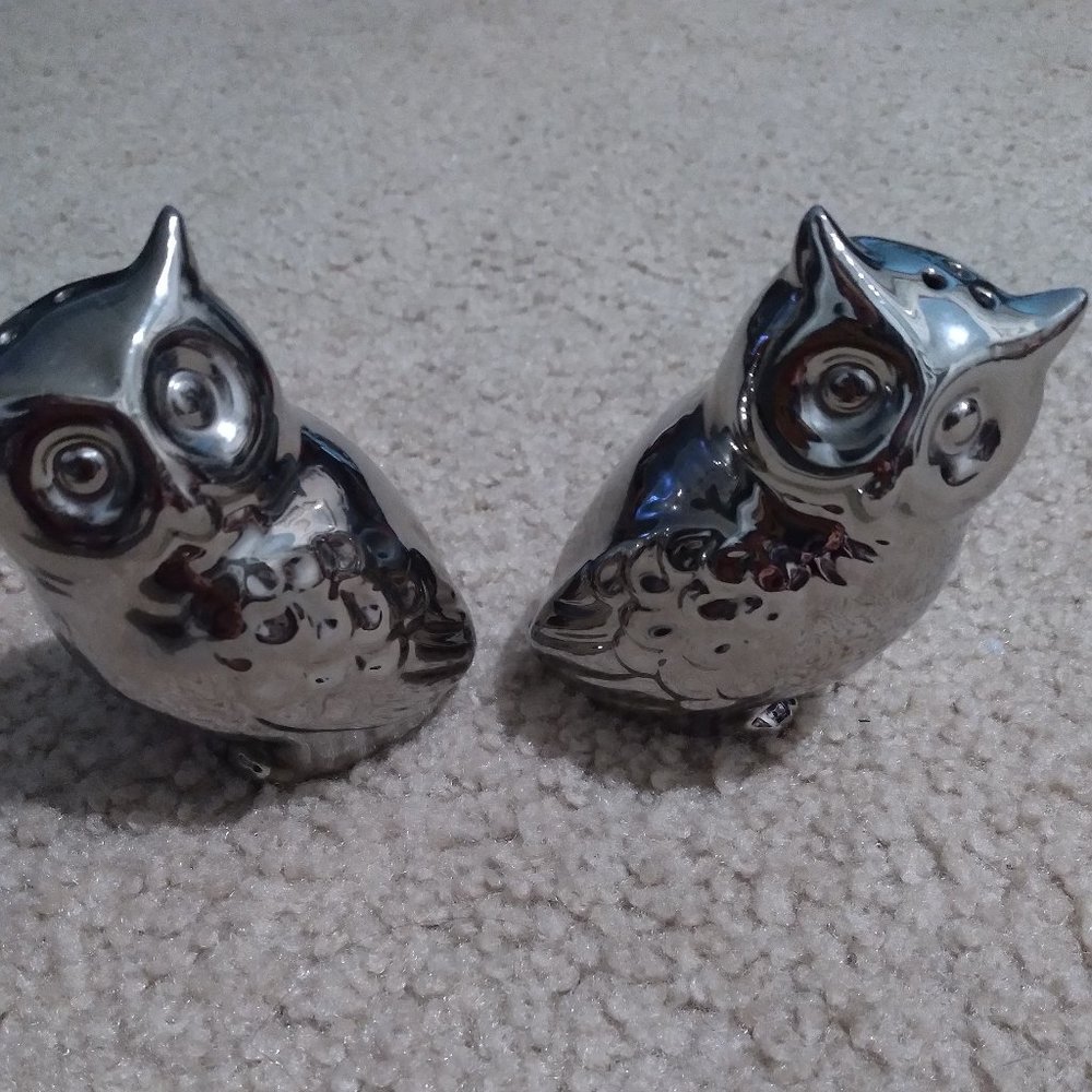 Silver - tone Good Luck Owls Salt and Pepper